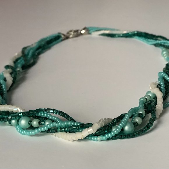 Handmade 7 strand beaded necklace in shades of green & white - Picture 2 of 10
